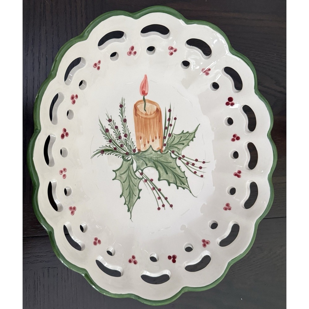 RCCL Reticulated Portugal Hand Painted Ceramic Bowl Candle Holly‎ Leaves 10.25"L